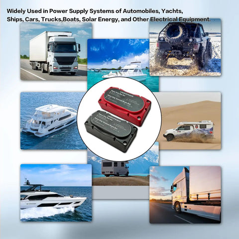 Heavy Duty 300A Bus Bar For Rock Solid 12V Power Distribution With Four M8 Studs Waterproof Junction Block image surrounded by vehicles.