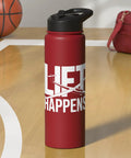 Sailplane Pilot Insulated Stainless Steel Water Bottle For Glider Enthusiasts And Flight Crew Keeps Drinks Cold Or Hot During Thermal Lifts Ridge Soaring Tow Launches And Training Flights with "Lift Happens" design on a gym floor.