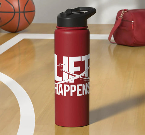 Sailplane Pilot Insulated Stainless Steel Water Bottle For Glider Enthusiasts And Flight Crew Keeps Drinks Cold Or Hot During Thermal Lifts Ridge Soaring Tow Launches And Training Flights with "Lift Happens" design on a gym floor.