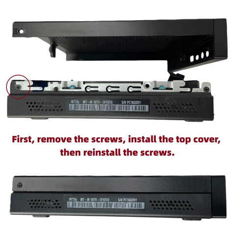 Side view of Top Cover for M720Q M920Q M920X M75Q P330 Mini PC Case with DIY Cooling Holes, clip and screw installation process.