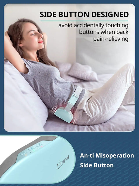 Plus Size Portable Electric Heating Pad for Period Cramps in use, shows side button for back, belly, abdomen pain relief.