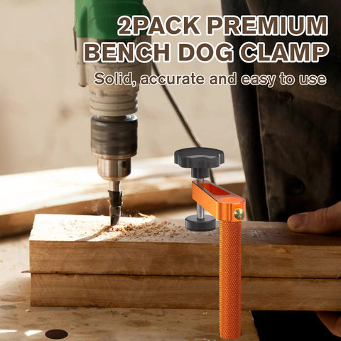 Pro Grade Adjustable Height Bench Clamp For Woodworking Fits Three Quarter Inch Dog Holes Aluminum Alloy Holdfast Stable Hold Two Pack Durable Clamp Set With Flexible Positioning And Rock Solid Grip On Any Workbench in use on wood piece