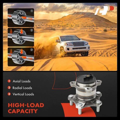 Rear Wheel Bearing And Hub Assembly For Five Lug Nissan Sentra 2020 2021 2022 2023 2024 Replacement Premium Quality Axle Hub Unit With High Load Capacity And Smooth Ride, showing load capacity and hub structure in desert terrain.