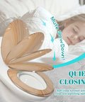 Elongated Resin Toilet Seat for Bathroom, soft close feature, wood design on toilet, safely prevents noise and slamming.