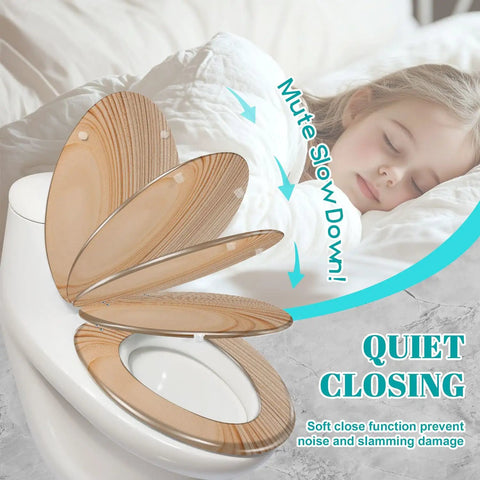 Elongated Resin Toilet Seat for Bathroom, soft close feature, wood design on toilet, safely prevents noise and slamming.