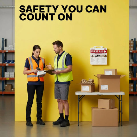 Front view: M2 BASICS Premium 321-piece first aid kit with hard case; two safety-vested workers in a warehouse.
