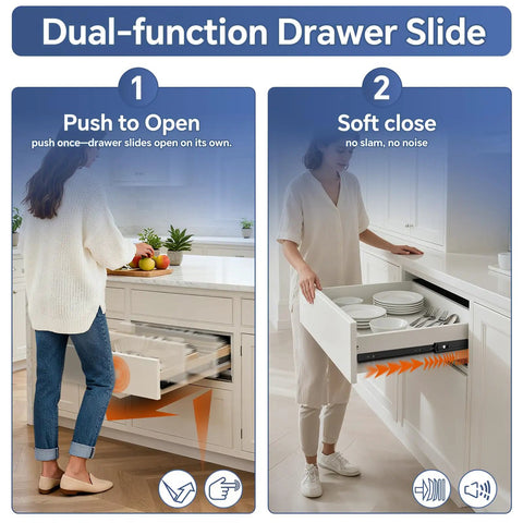 12 Inch Push To Open And Soft Close Drawer Slides With Full Extension 1 Pair 2 In 1 Push To Open Mechanism No Slam Quiet Soft Close Dampers Smooth Full Extension For Cabinet Drawers Heavy Duty Easy Glides in kitchen cabinet drawer