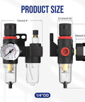 Inline Air Pressure Regulator With Water Separator And Gauge, product size dimensions, 1/4 inch NPT brass fittings