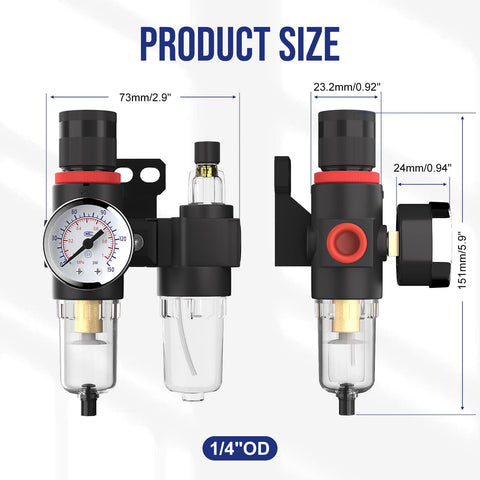 Inline Air Pressure Regulator With Water Separator And Gauge, product size dimensions, 1/4 inch NPT brass fittings