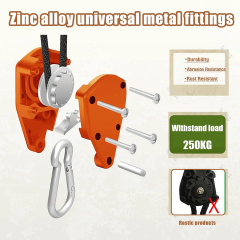 Camping Rope With Ratchet Pulley For Grab-And-Go Quick Setup showing zinc alloy metal fitting and durability features