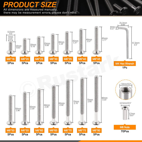 Kickass M6 Connector Bolt And Cap Nut Assortment Kit For Furniture Joints And Desk Assembly includes various M6 bolts and nuts with dimensions.