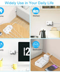 Heavy Duty Surge Protector Power Strip With Six Separated AC Outlets And Dual USB C Plus Dual USB A Ports Five Foot Extension Cord in home, kitchen, study, bedroom settings.