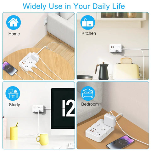 Heavy Duty Surge Protector Power Strip With Six Separated AC Outlets And Dual USB C Plus Dual USB A Ports Five Foot Extension Cord in home, kitchen, study, bedroom settings.