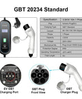 Level 2 220V Fast Charge EV Charger With Type 2 Connector, 5M Type 1 GBT Cord, display of plugs and specifications