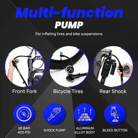 Image showing Beefed Up High Pressure Shock Pump With Gauge For Mountain Bikes Up To 400 PSI Fits Schrader Valve Front Fork And Rear Suspension Ideal For Downhill And Full Suspension MTB with features including gauge, bleed button, and compatible with front forks and rear shocks.