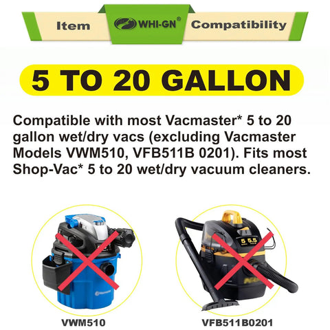 Compatibility chart for two pack standard cartridge filter replacement for VCFS, not for Vacmaster models VWM510, VFB511B0201.