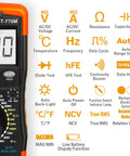 6000-Count True RMS Digital Multimeter With Auto And Manual Ranging showing features like NCV, temperature, and capacitance