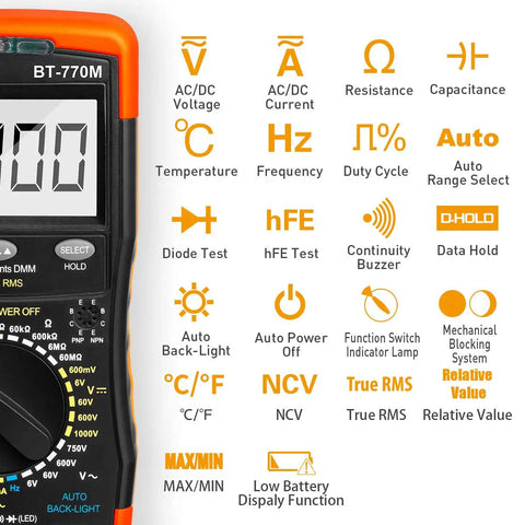 6000-Count True RMS Digital Multimeter With Auto And Manual Ranging showing features like NCV, temperature, and capacitance