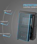 Low Voltage Transformer 300 Watt With Timer And Photo Eye Sensor For Outdoor Lighting Durable Weather Shield Metal Transformer From 120V AC To 12V AC Simple Landscape Lighting Control And Easy Setup, featuring protective shield illustration.