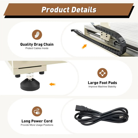 Product details of 4 Axis Router Engraver USB CNC 6090 2.2KW Spindle Milling Drilling Machine highlighting drag chain, foot pads, and power cord.