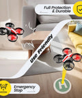Mini Drone For Kids And Beginners Indoor RC Nano Quadcopter With Auto Hovering 3D Flips Headless Mode 3 Batteries Toss Launch Height Hold Totally Easy To Fly Great Gift Toy For Boys And Girls Red floating indoors with protective features and emergency stop illustration.