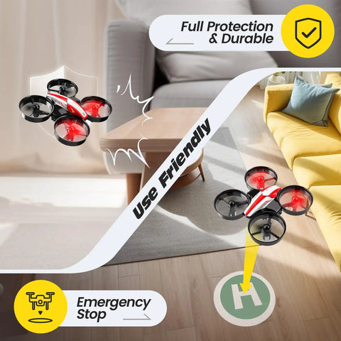 Mini Drone For Kids And Beginners Indoor RC Nano Quadcopter With Auto Hovering 3D Flips Headless Mode 3 Batteries Toss Launch Height Hold Totally Easy To Fly Great Gift Toy For Boys And Girls Red floating indoors with protective features and emergency stop illustration.