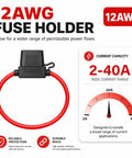 12AWG Fuse Holder with red wiring, showcasing wide current capacity from 2-40A for circuit protection uses.