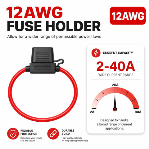 12AWG Fuse Holder with red wiring, showcasing wide current capacity from 2-40A for circuit protection uses.