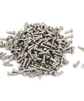 Badass M1.7 By 6mm Round Head Self Tapping Screws Featuring A Slick Nickel Plated Finish, close-up of numerous screws.