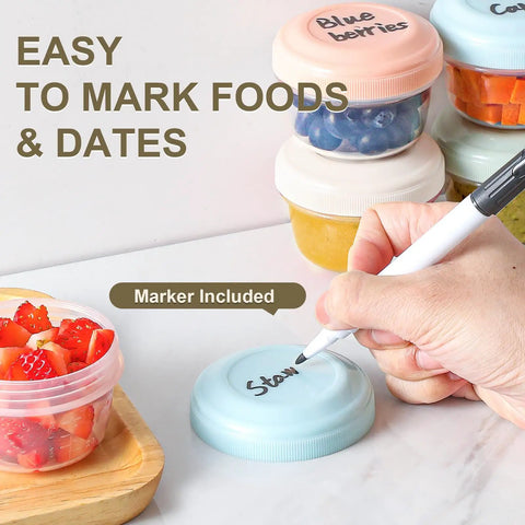 Writing on a 16 Pack 4 Ounce Reusable Plastic Jars With Lids For Snacks And Purees On The Go Salad Dressing Containers