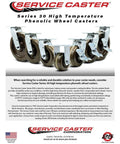Front view of four 6-inch high-temperature phenolic wheel casters by Service Caster; 2 swivel with brakes and 2 rigid.