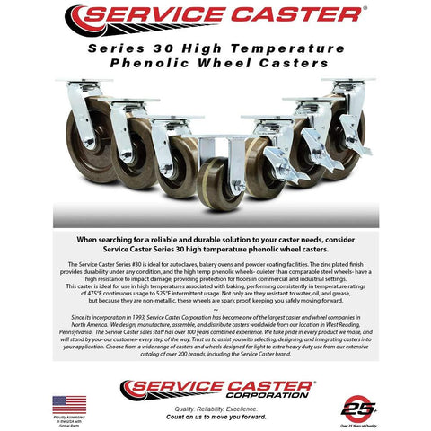 Front view of four 6-inch high-temperature phenolic wheel casters by Service Caster; 2 swivel with brakes and 2 rigid.