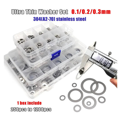 Ultra Thin Flat Washer Set Kit With 1200 Pcs 0.1 0.2 0.3mm Stainless Steel M3 To M20 Gasket Shims For Automotive And Home DIY Repairs, Versatile Fastener Washers, 304 Grade. stainless steel washers in organizer box, 0.1/0.2/0.3mm