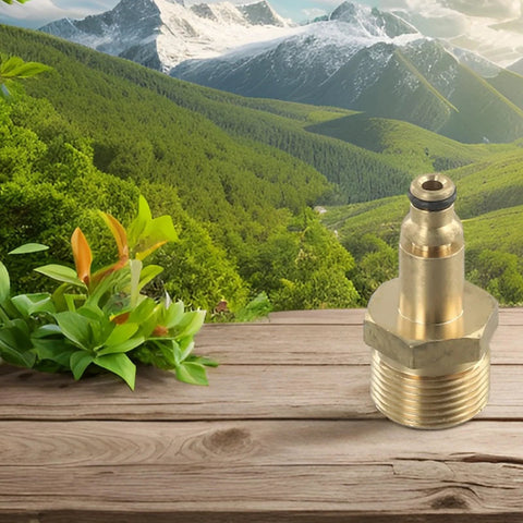 Front view of gold brass M22 pressure washer hose adapter with hex nut, O-ring, and male threads