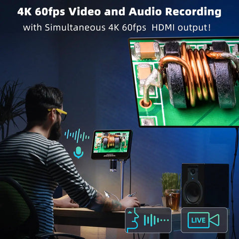 4K 60FPS HDMI Digital Microscope With 10.1 Inch Screen For Soldering And Coin Work Real Time Live View Pro Grade Picture Quality And Built In Microphone For Audio And 4K Video, desktop setup