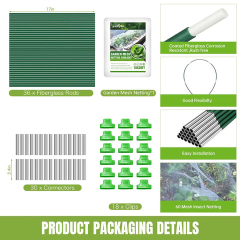 All In One Garden Netting Kit With 36 Fiberglass Hoops And 30 Connectors For A 10x20 Ft Ultra Fine Mesh Insect Barrier Packaging Details