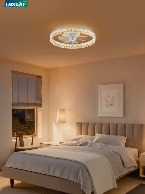Top Tier 20 Inch Modern Ceiling Fan With Integrated LED Lights And Smart Remote App Control in a cozy bedroom setting.