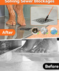 32 Inch Anti Break Metal Drain Snake 6 Pack Hair Clog Remover demonstrating drain cleaning in shower before and after