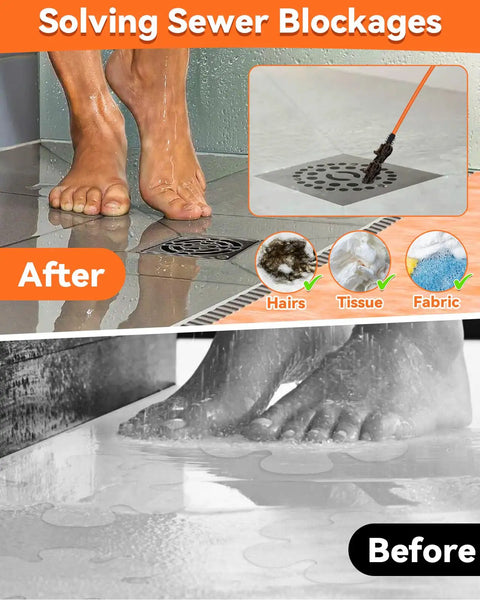 32 Inch Anti Break Metal Drain Snake 6 Pack Hair Clog Remover demonstrating drain cleaning in shower before and after