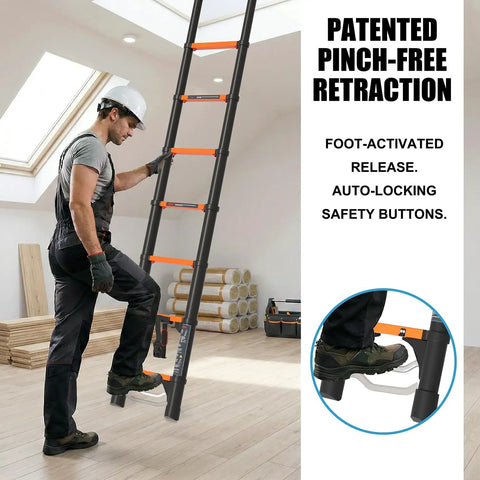 12.5 Foot Telescoping Ladder With Quick Folding Mechanism, Aluminum Extension Ladder For RV Home And Outdoor Use, 330 Lb Max Load, Lightweight Portable Orange, Easy One Step Fold In Seconds, Safe Anti Pinch Design being retracted with foot-activated release
