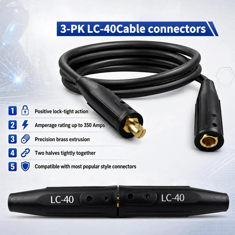 3 Pack LC40 Welding Leads Quick Connector Set for secure weld cable connections with male and female connectors, 350A max