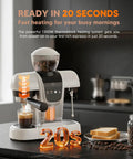 White Semiautomatic Espresso Machine With Built In Grinder And Adjustable Steam Wand 20 Bar Pump brewing on kitchen counter.