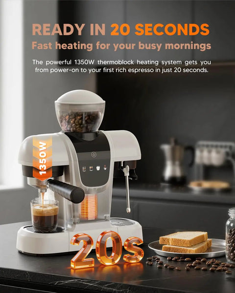White Semiautomatic Espresso Machine With Built In Grinder And Adjustable Steam Wand 20 Bar Pump brewing on kitchen counter.