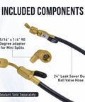 Leak Saver AC injector hose kit with 24-inch dual ball-valve hose and brass 5/16 x 1/4 inch 90-degree adapter.