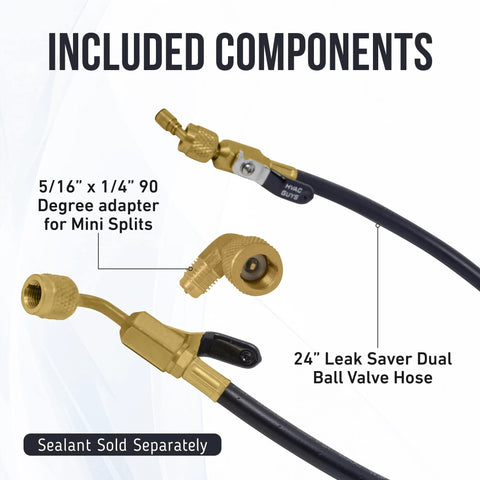 Leak Saver AC injector hose kit with 24-inch dual ball-valve hose and brass 5/16 x 1/4 inch 90-degree adapter.