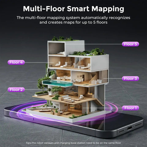 Model home with five floors on smartphone showing LiDAR mapping, Robot Vacuum And Mop Combo With Bagless Self Emptying Station 18000Pa Suction LiDAR Mapping A Real Workhorse For Pet Hair On Carpet And Hard Floors Connects With App Alexa And Voice Control.