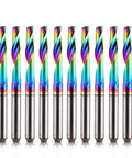 Front view of ten HOZLY DLC-coated carbide router bits, 1/8 in shank and 1/8 in cutting diameter, rainbow finish.