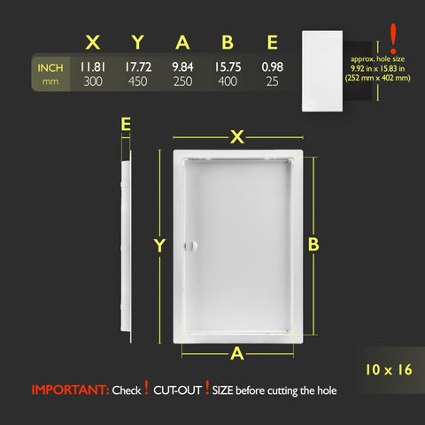 Heavy Duty Metal Wall Access Panel With Slick White Finish Flows Right Over 10 By 16 Inch Drywall Cutouts measurement image.