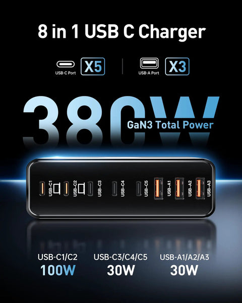 Front view of 380W USB C Charging Station 8 Port Hub With Dual 100W USB C PD And 3x30W USB C, 3x30W USB A Ports