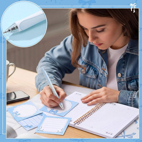 Woman using Blue Bow Stationery Set For School And Office Dope A5 Notebook 12 Smooth Gel Pens 6 Sticky Notes Pencil Pouch Kawaii Kit